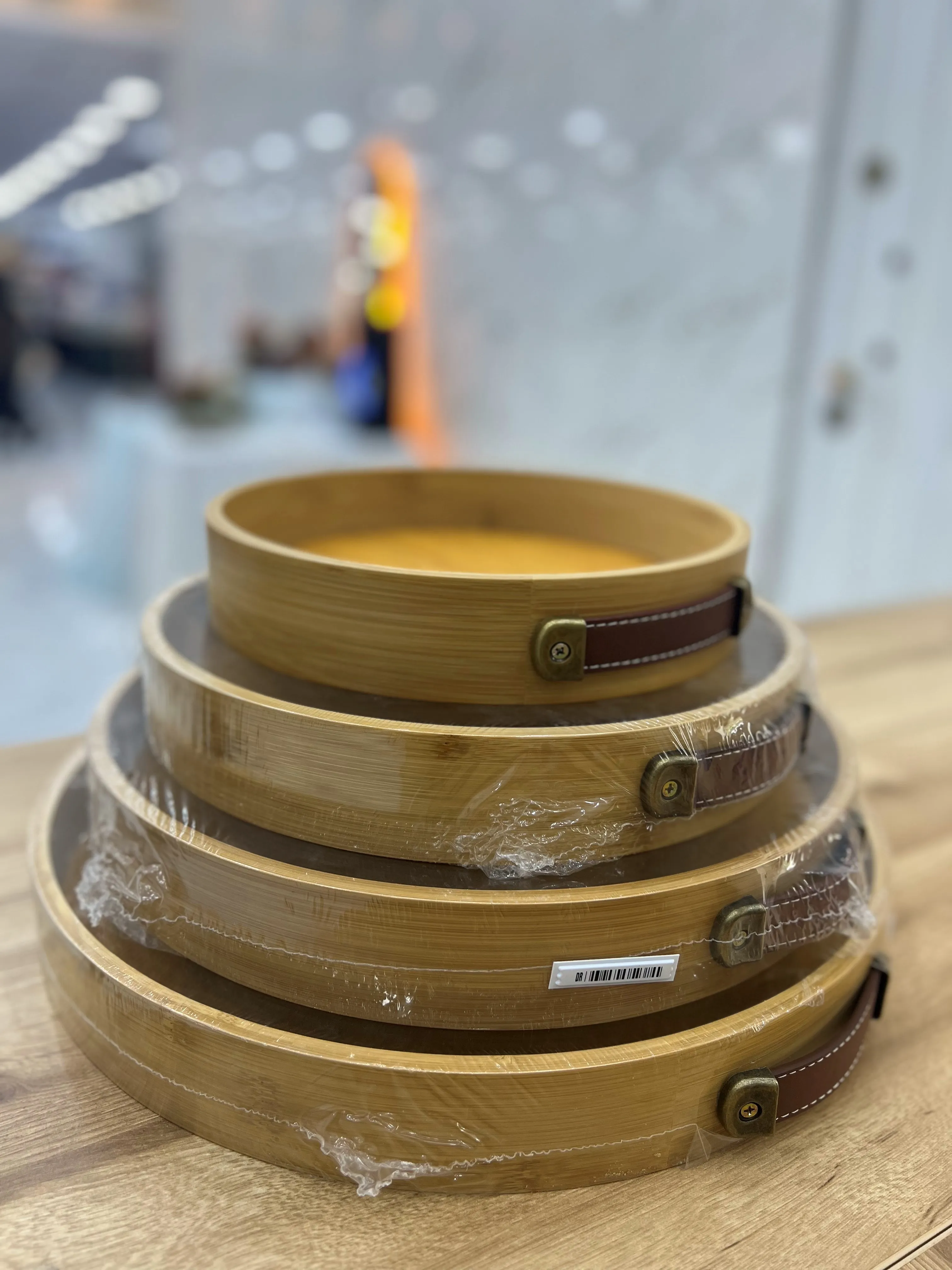 سینی بامبو گرد دسته چرمی